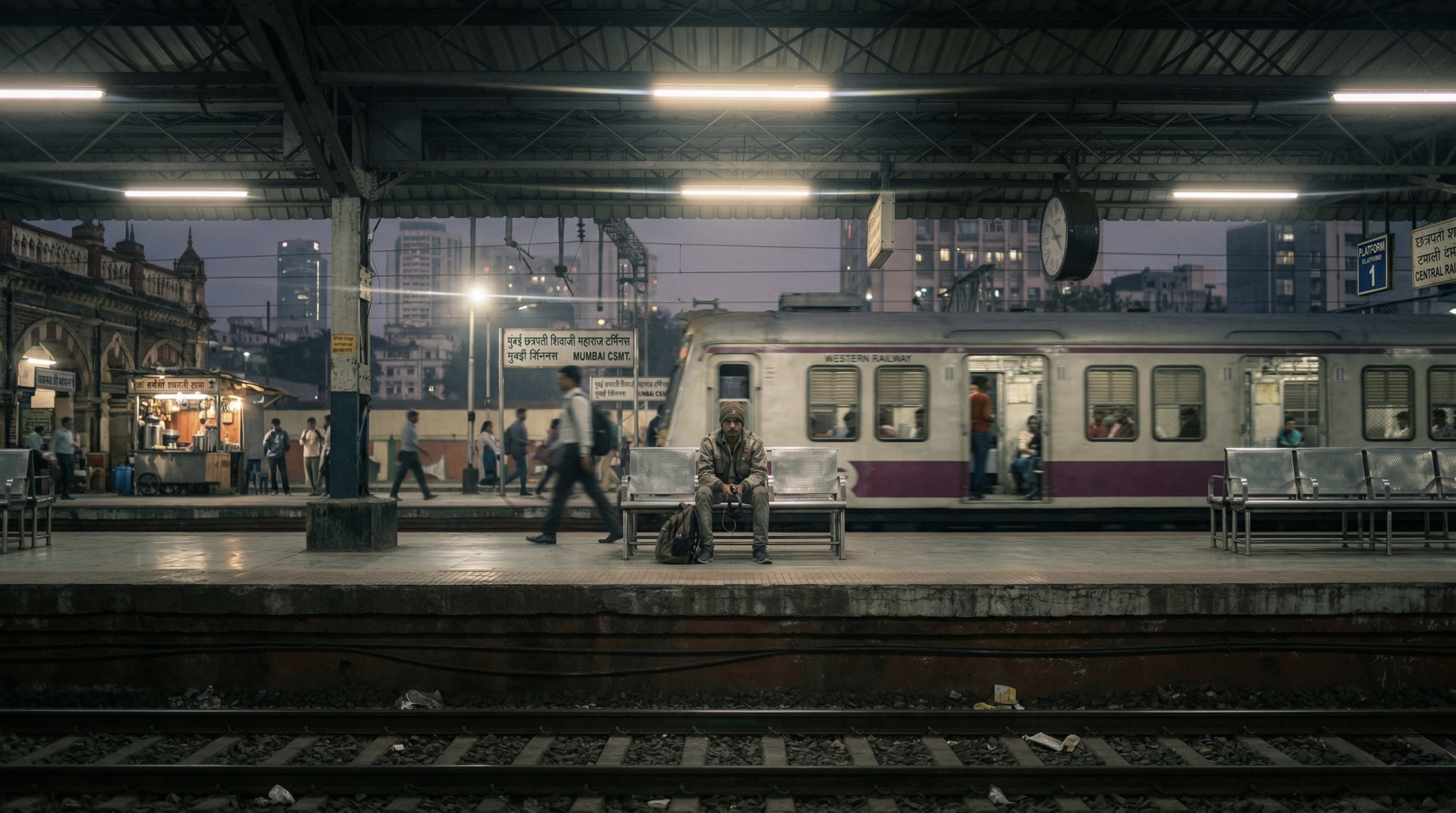 Yeh Shehar — a lone figure sits on a platform bench at Mumbai CSMT as a train rushes past at pre-dawn